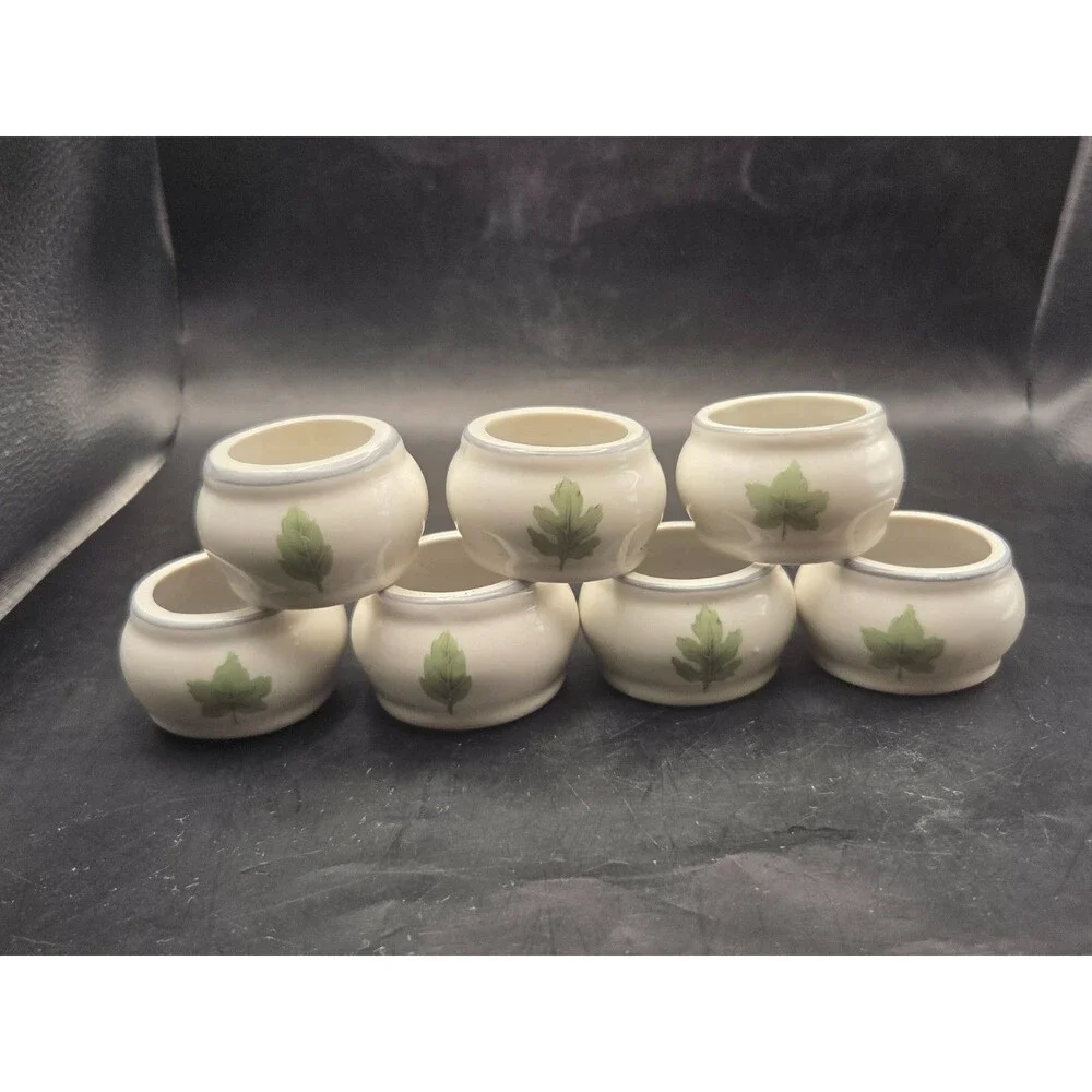 DAMON WOOD Vintage Napkin Ring Holders Set 7 Stoneware Leaf Motif